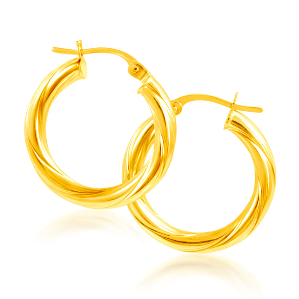 9ct Yellow Gold Hoop Earrings in 15mm with twist - Image 2