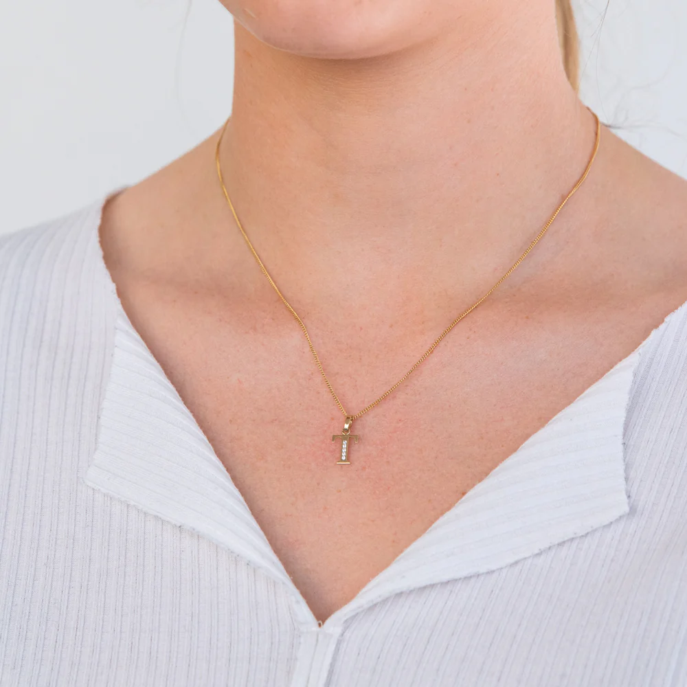 9ct Yellow Gold Initial T Zirconia Pendant - Image 2
