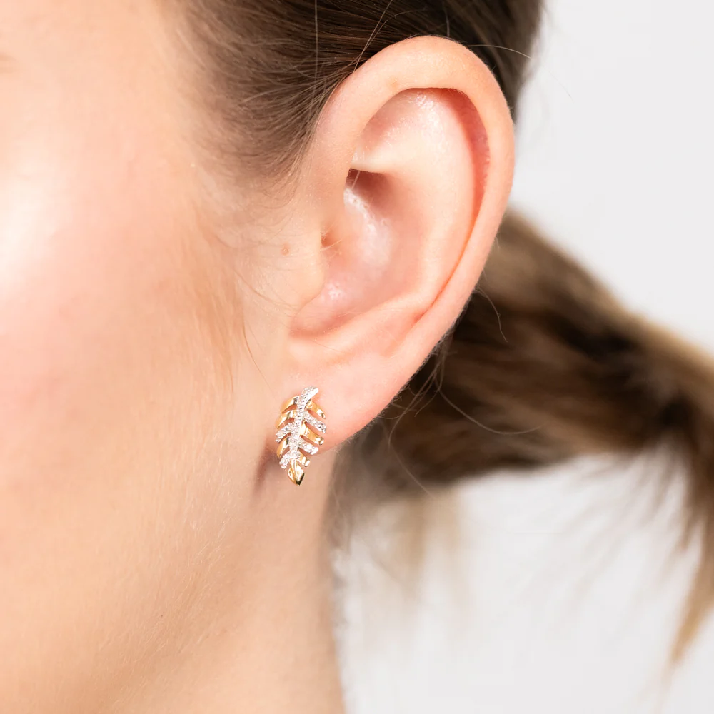 9ct Yellow Gold Leaf Shaped Diamond Stud Earrings - Image 2
