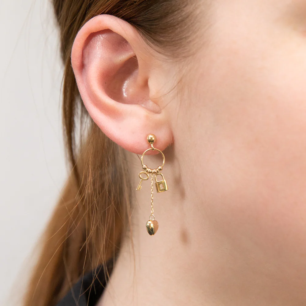 9ct Yellow Gold Lock Key & Heart On Ring Drop Earrings - Image 2