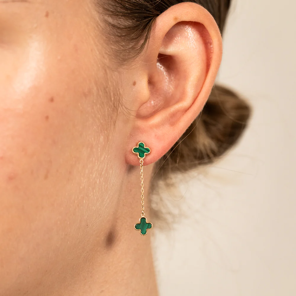 9ct Yellow Gold Malachite Clover Petal Drop Earrings - Image 2