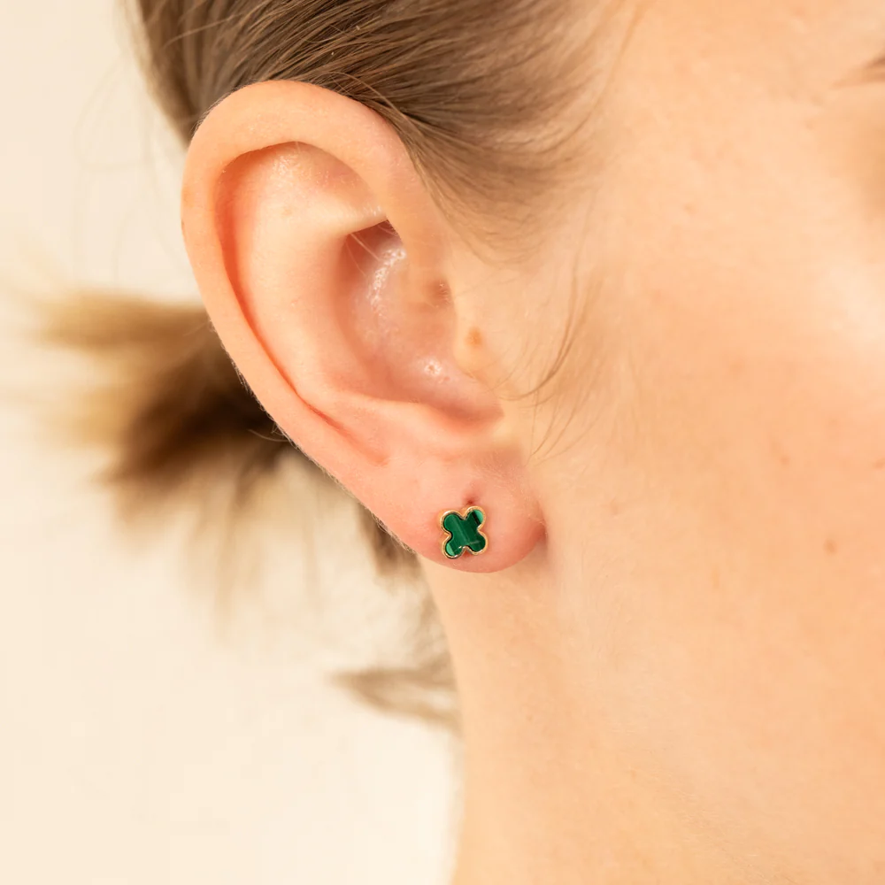 9ct Yellow Gold Malachite Petal Stud Earrings - Image 2