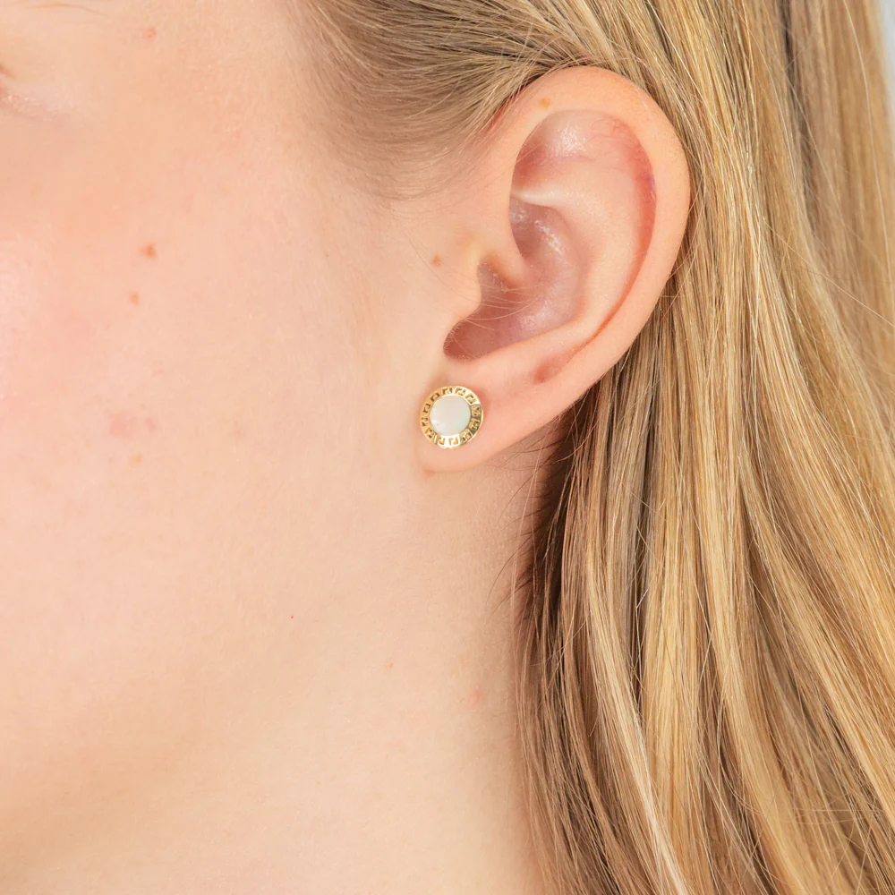 9ct Yellow Gold Mother Of Pearl Greek Key Disc Stud Earrings - Image 2