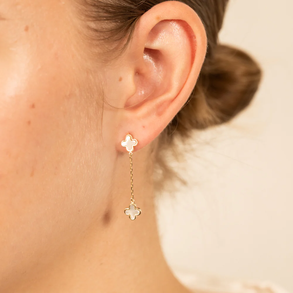 9ct Yellow Gold Mother Of Pearls Clover Petals Drop Earrings - Image 2