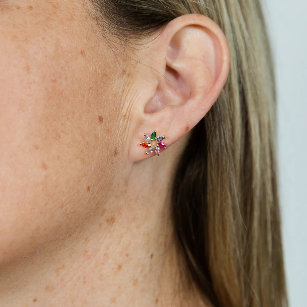 9ct Yellow Gold Multi Colour Gemstone Flower Studs - Image 2