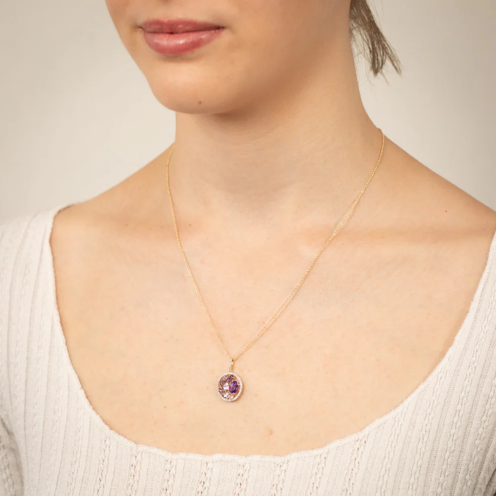 9ct Yellow Gold Natural Amethyst Pink Amethyst And Diamond Pendant On Chain - Image 2
