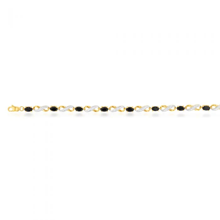 9ct Yellow Gold Natural Black Sapphire and Diamond Infinity Bracelet 19cm - Image 2