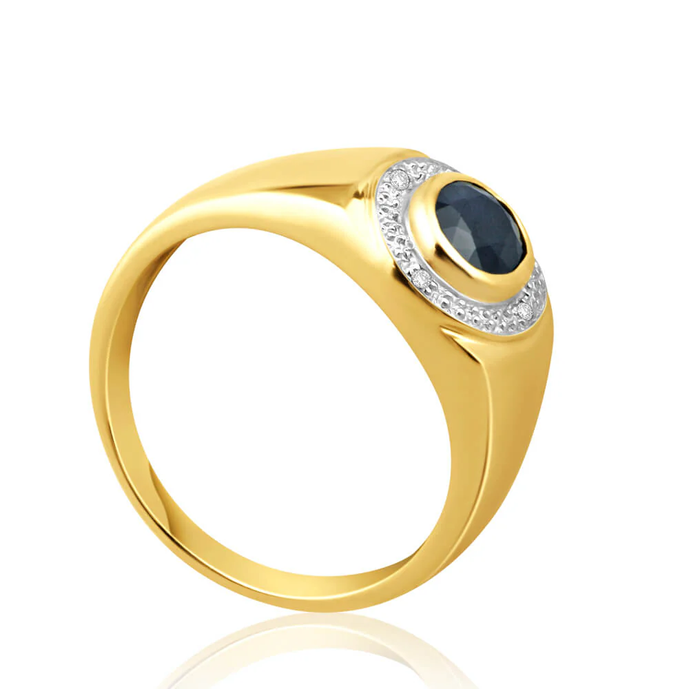 9ct Yellow Gold Natural Black Sapphire + Diamond Gents Ring - Image 2