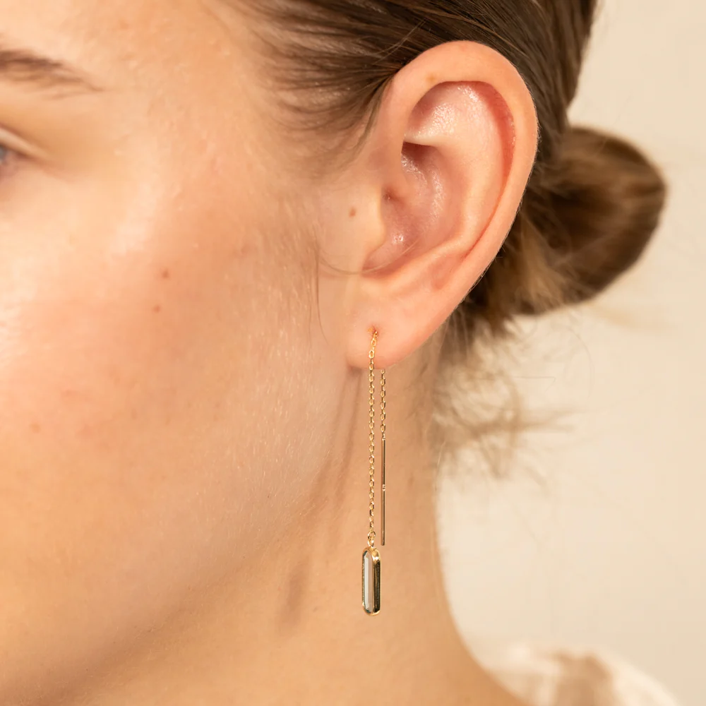9ct Yellow Gold  Natural Blue Topaz Threader Drop Earrings - Image 2