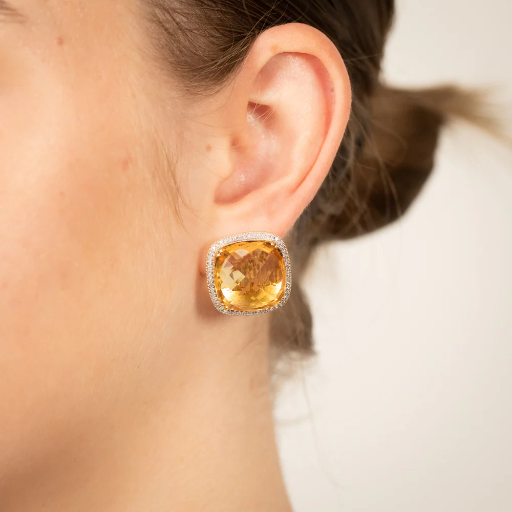 9ct Yellow Gold Natural Citrine And Diamond Fany Hoop Earrings - Image 2
