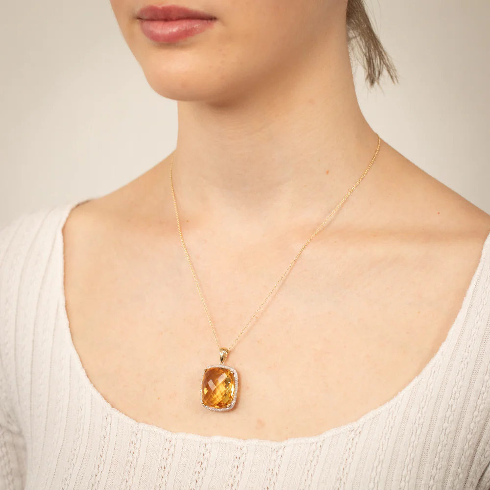 9ct Yellow Gold Natural Citrine And Diamond Pendant On Chain - Image 2