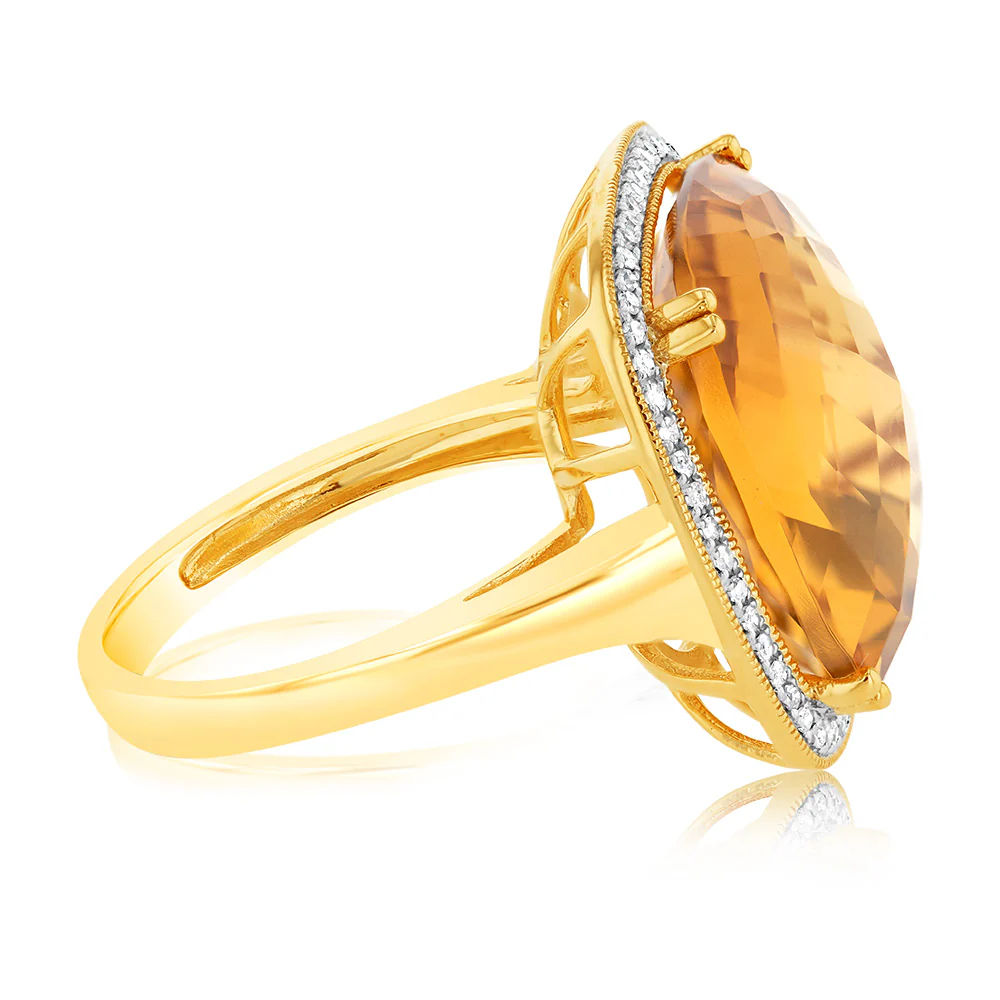 9ct Yellow Gold Natural Citrine And Diamond Ring - Image 3