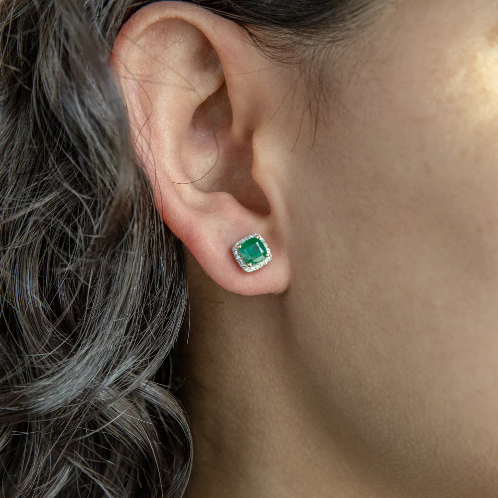 9ct Yellow Gold Natural Emerald 5mm Cushion Cut Diamond Halo Stud Earrings - Image 2