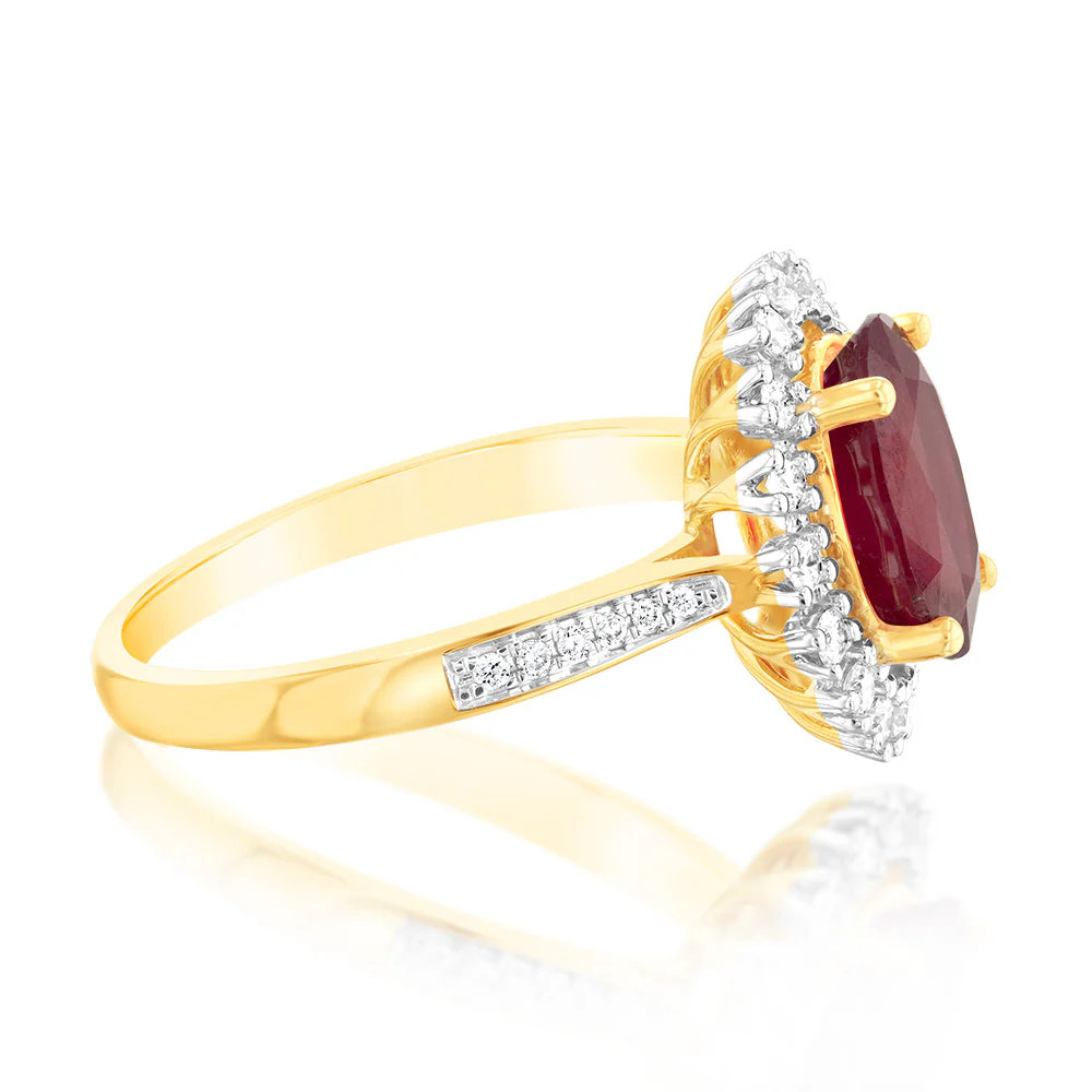 9ct Yellow Gold natural Enhanced 3 Carat Ruby Ring with 1/3 Carat of Diamonds - Image 2
