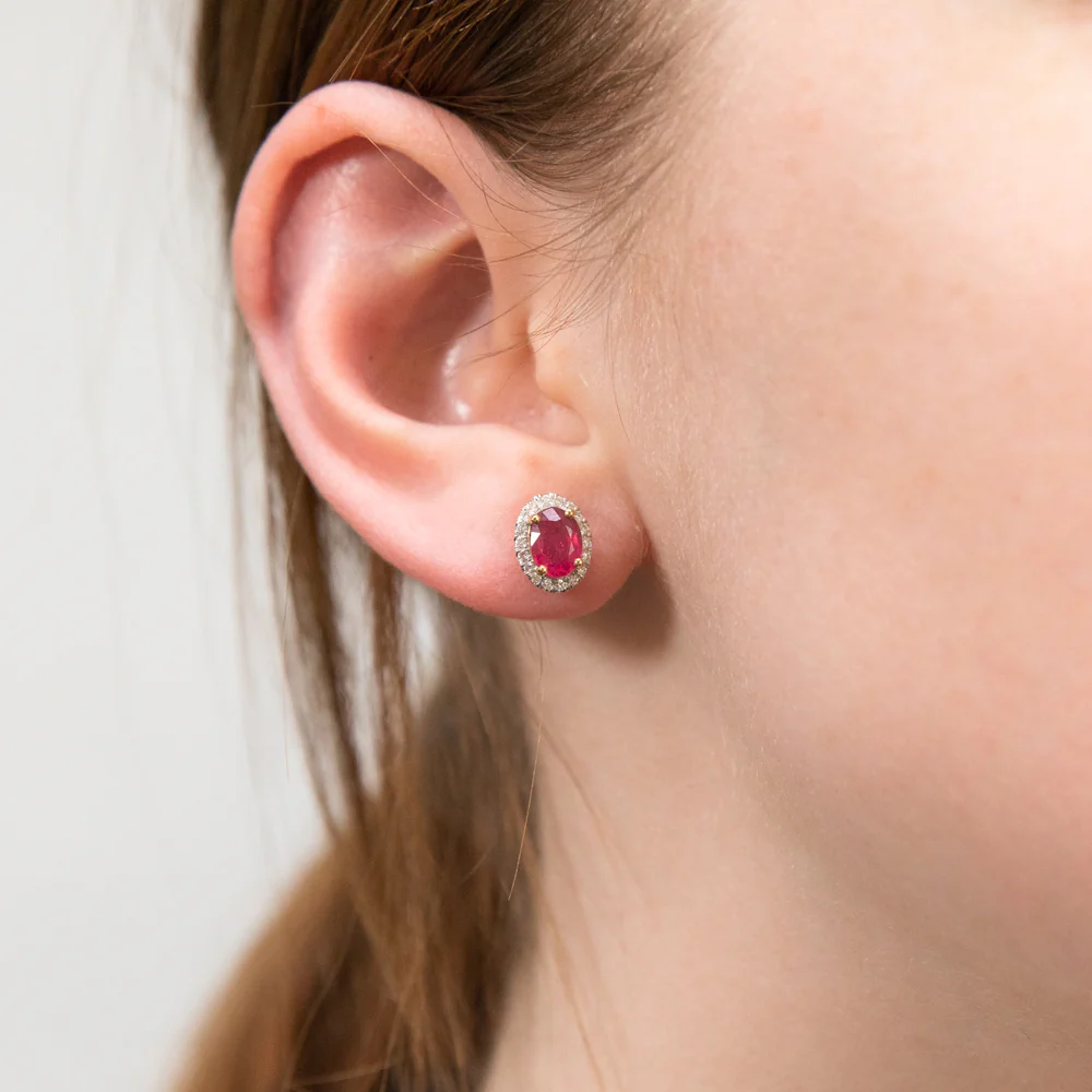 9ct Yellow Gold Natural Enhanced/Treated Ruby and 0.15 Carat Diamond Stud Earrings - Image 2