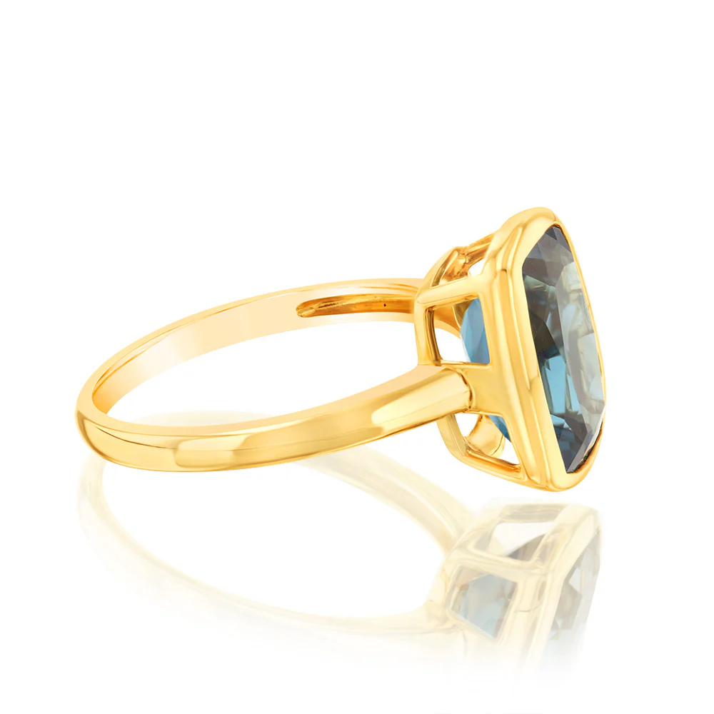 9ct Yellow Gold Natural London Blue Topaz Bezel Set Ring - Image 2