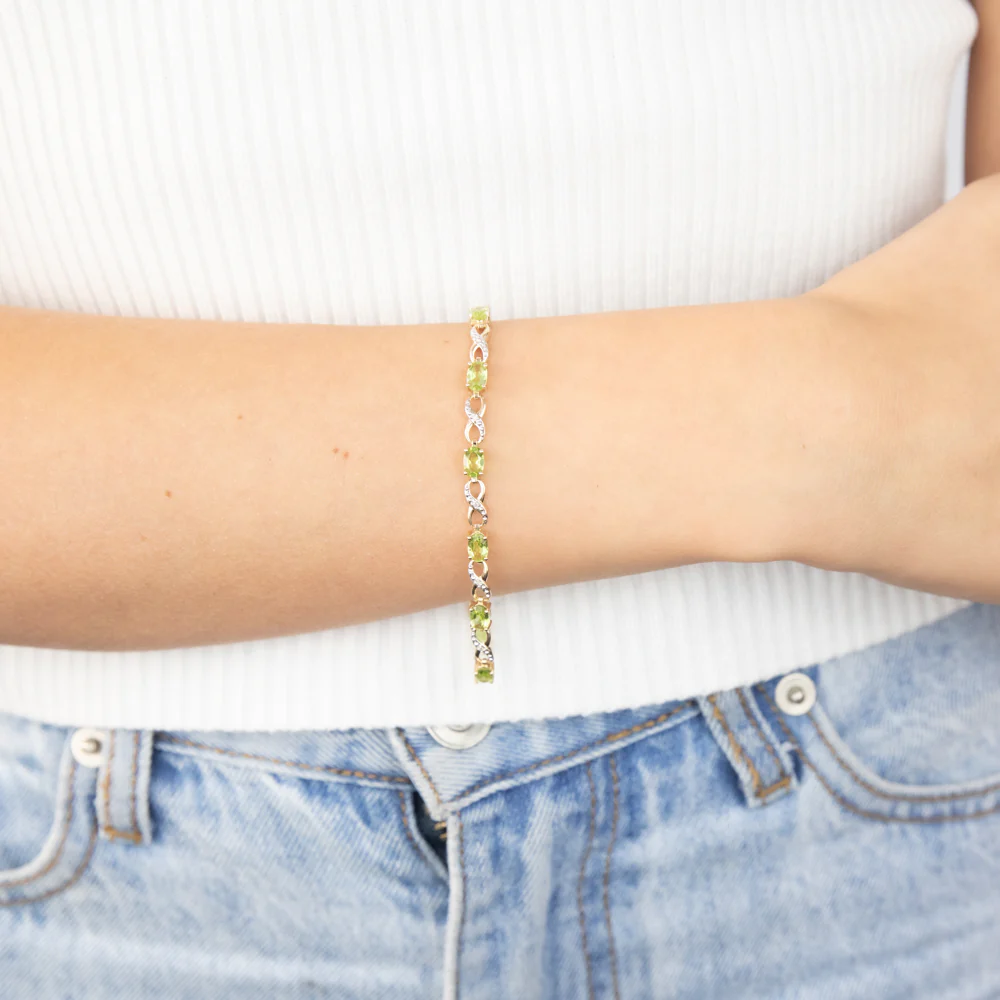 9ct Yellow Gold Natural Peridot & Diamond Infinity Bracelet - Image 3