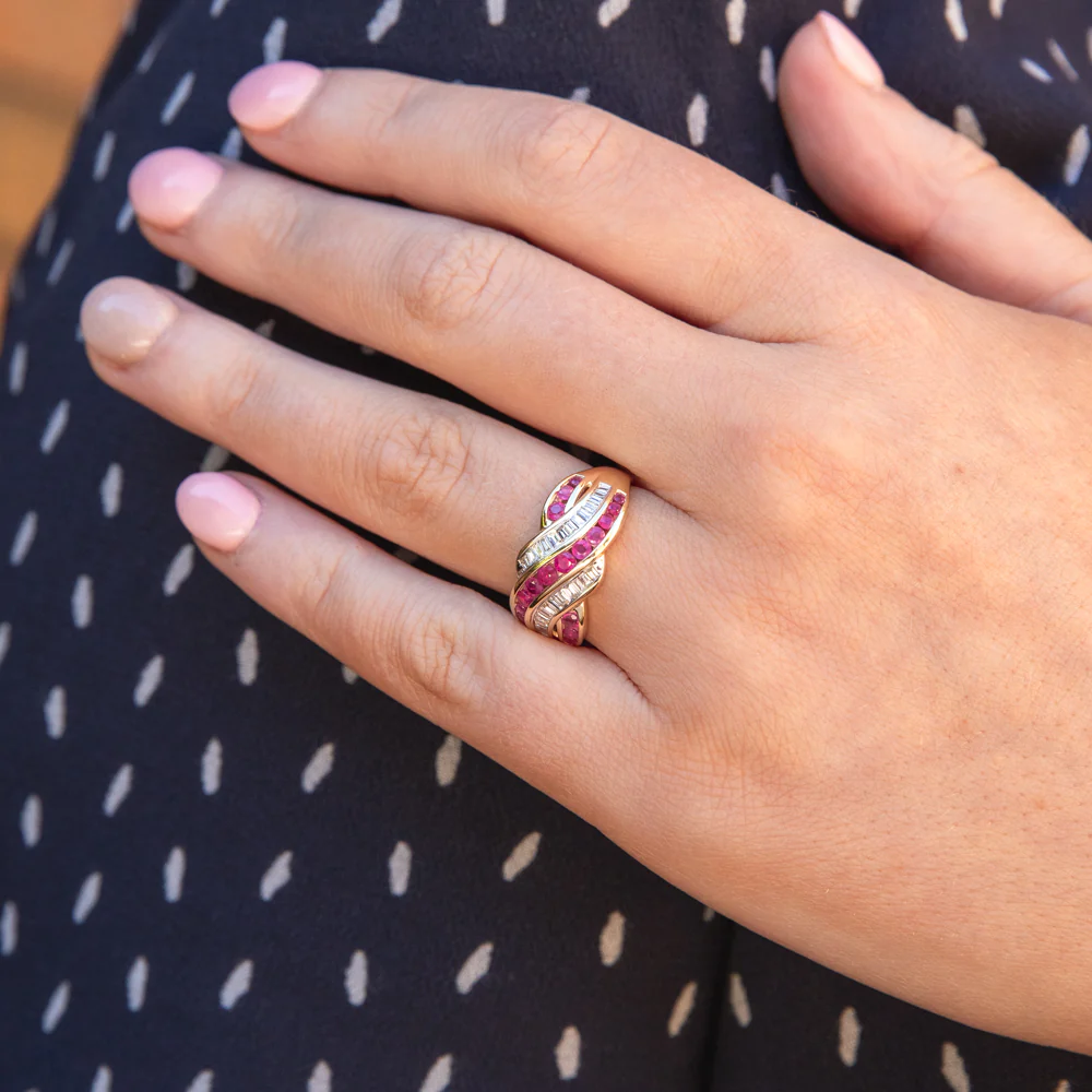 9ct Yellow Gold Natural Ruby 0.93ct and 1/3 Carat Diamond Wave Ring - Image 2