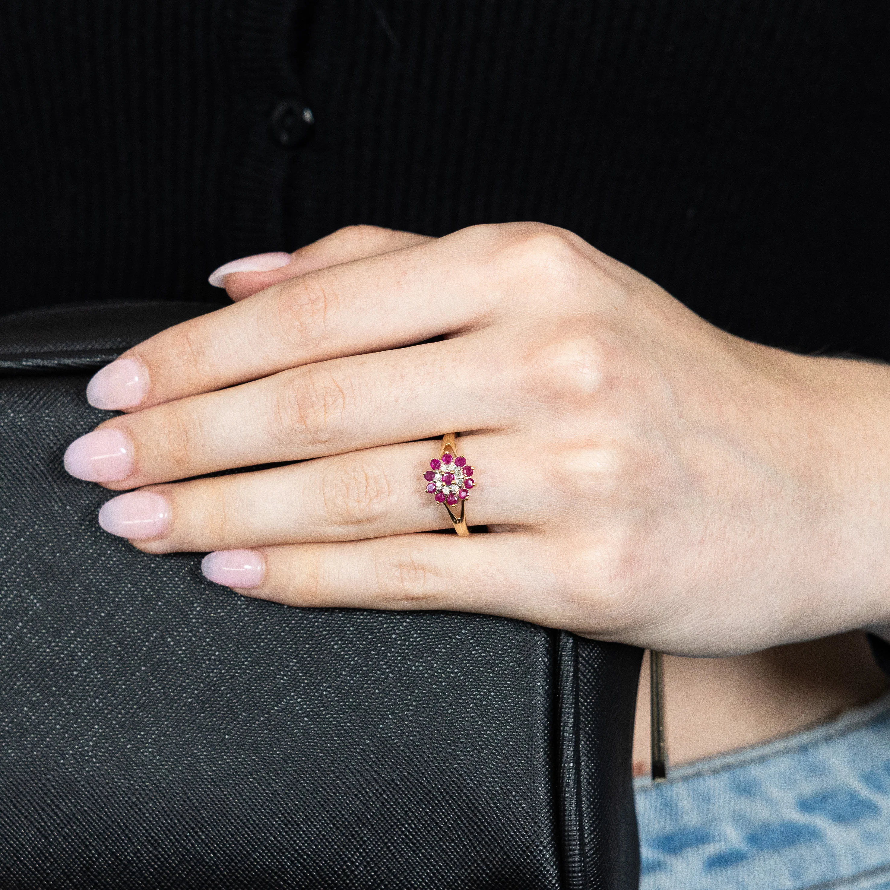 9ct Yellow Gold Natural Ruby and Diamond Cluster Ring - Image 3