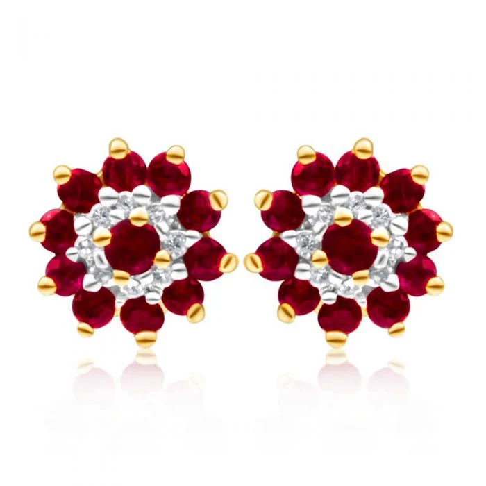 9ct Yellow Gold Natural Ruby and Diamond Flower Cluster Stud Earrings - Image 2