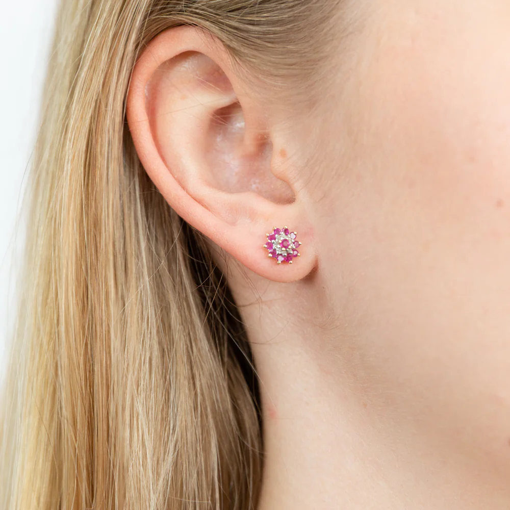 9ct Yellow Gold Natural Ruby and Diamond Flower Cluster Stud Earrings - Image 3