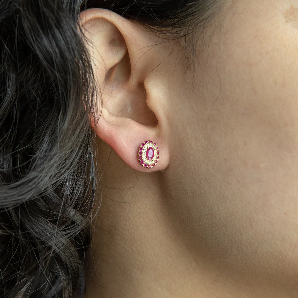 9ct Yellow Gold Natural Ruby & Diamond Studs - Image 2