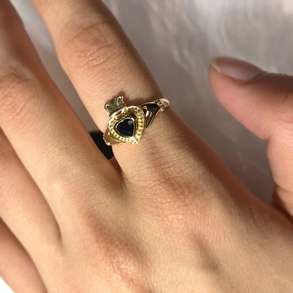 9ct Yellow Gold Natural Sapphire Claddagh Ring - Image 3