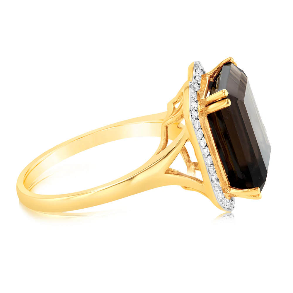 9ct Yellow Gold Natural Smokey Quartz And Diamond Ring - Image 2