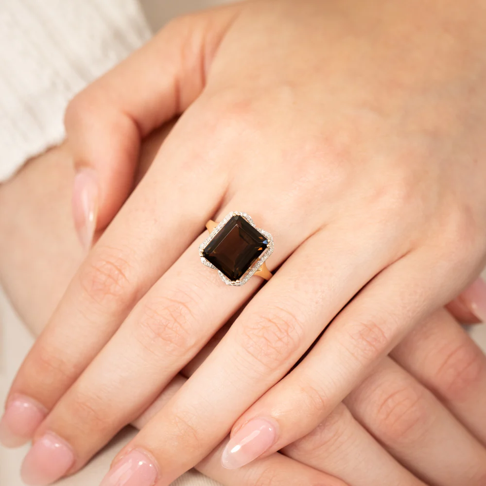 9ct Yellow Gold Natural Smokey Quartz And Diamond Ring - Image 3
