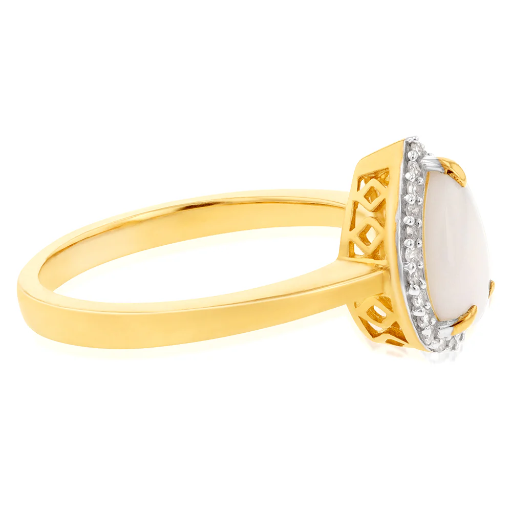 9ct Yellow Gold Natural White Solid Opal & Diamond Pear Shape Ring - Image 2