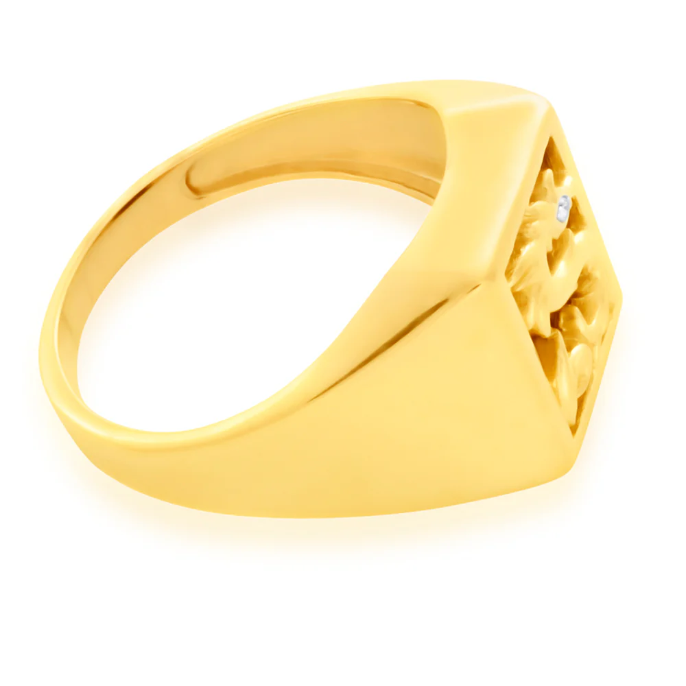 9ct Yellow Gold Onyx and Diamond Dragon Gents Ring - Image 2
