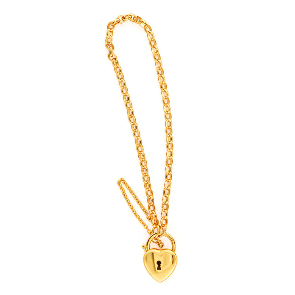 9ct Yellow Gold Oval Belcher Plain Heart Charm Padlock 19cm Bracelet - Image 2