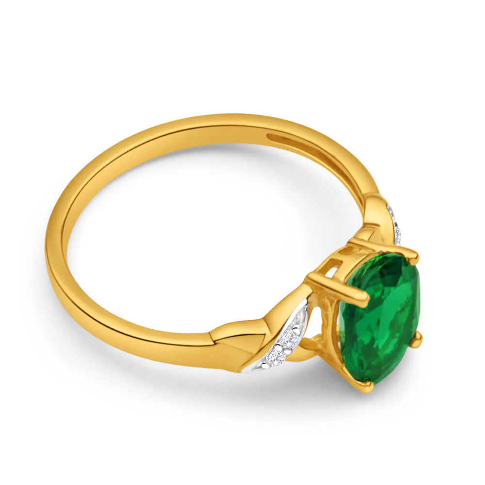 9ct Yellow Gold Oval Created Emerald + Diamond Ring - Image 2