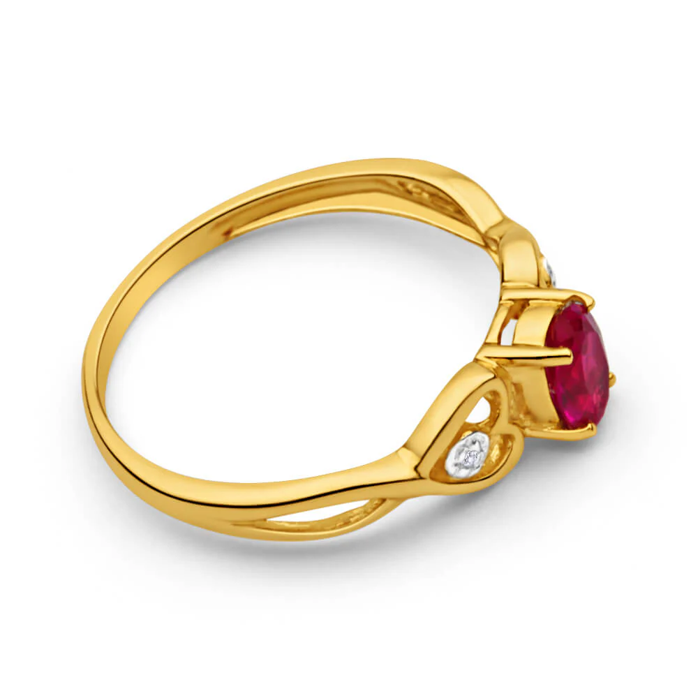 9ct Yellow Gold Oval Created Ruby + 2 Diamond Ring - Image 2
