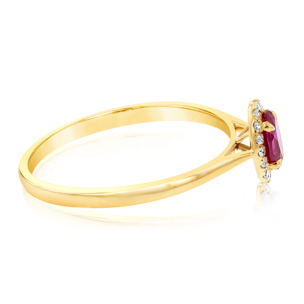 9ct Yellow Gold Oval Created Ruby And Diamond Halo Ring - Image 2