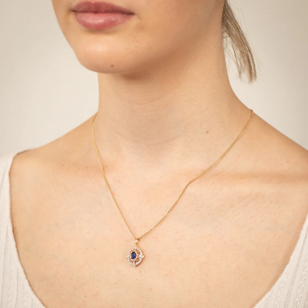9ct Yellow Gold Oval Created Sapphire And Diamond Pendant - Image 2
