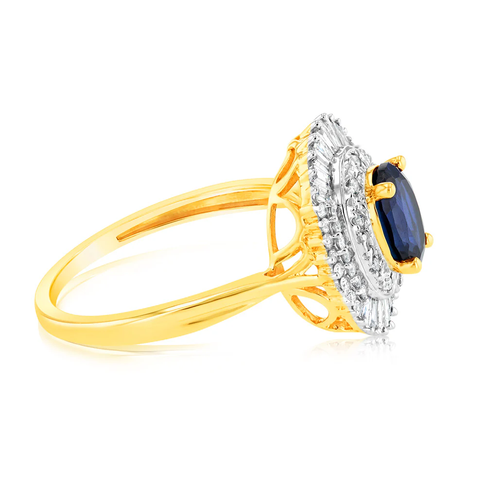 9ct Yellow Gold Oval Created Sapphire And Diamond Ring - Image 2