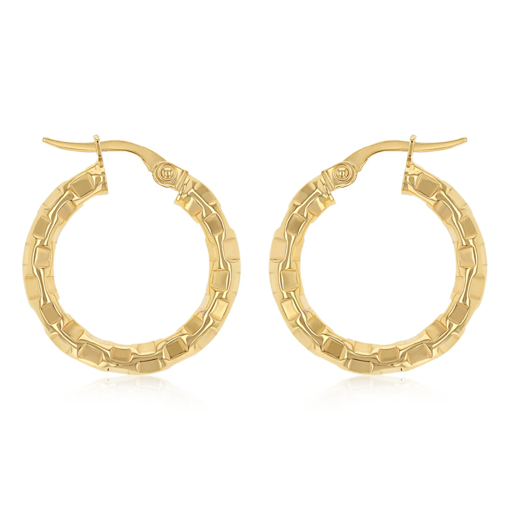 9ct Yellow Gold Patterned Hoop Earrings - Image 2