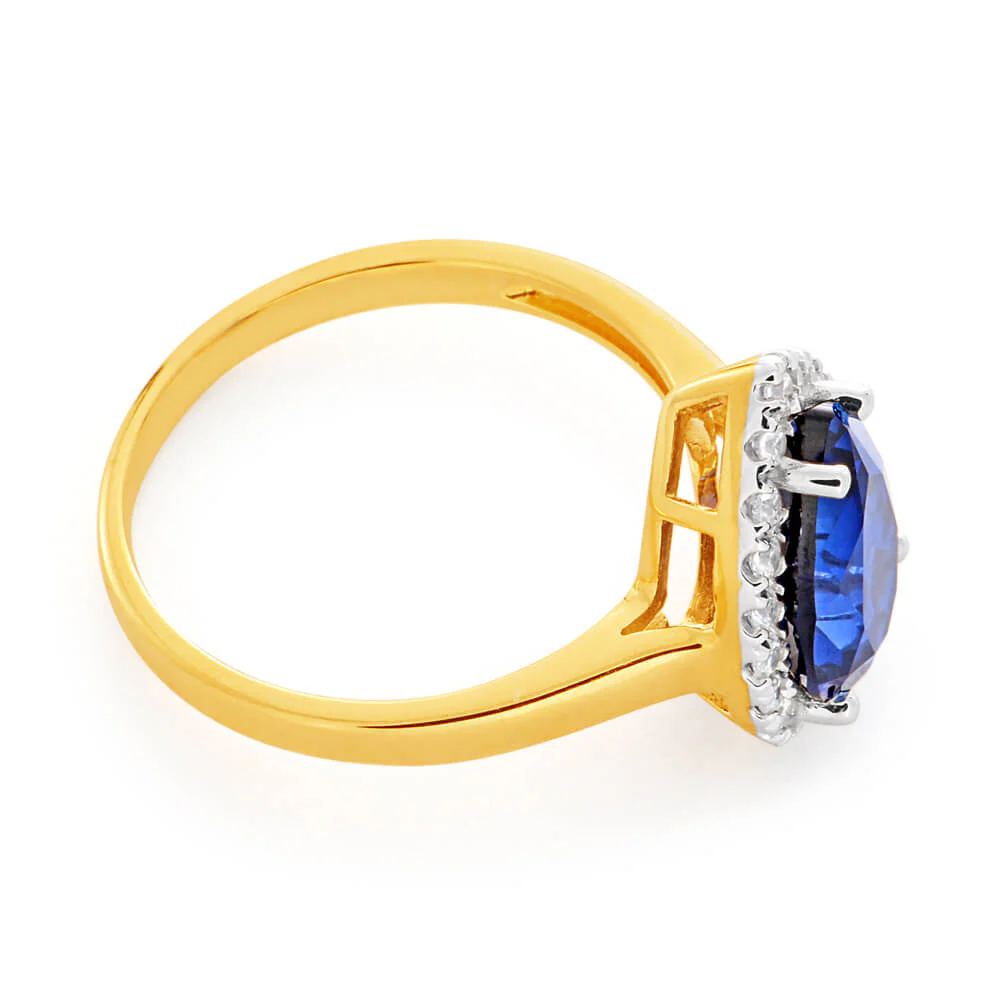 9ct Yellow Gold Pear Shaped Created Sapphire and Cubic Zirconia Halo Ring - Image 2