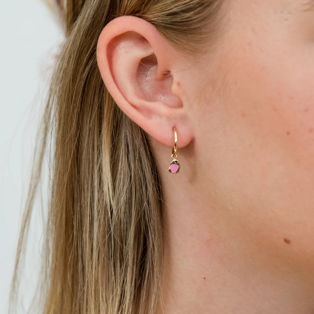 9ct Yellow Gold Pink Bird Sleeper Earrings - Image 2