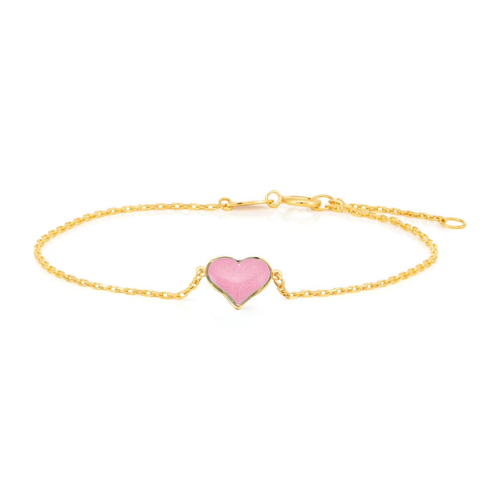 9ct Yellow Gold Pink Cubic Zirconia Heart Charm attached on 17cm Trace Link Bracelet - Image 2