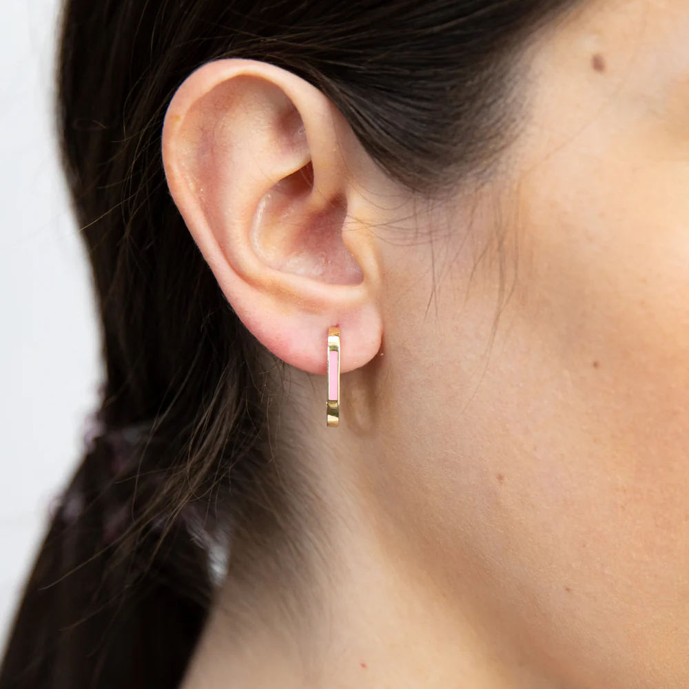 9ct Yellow Gold Pink Enamel On Square Hoop Earrings - Image 2