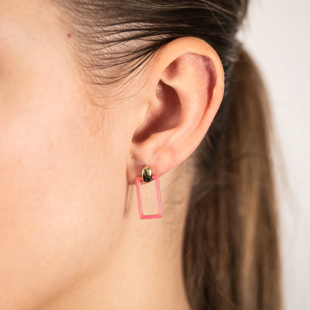 9ct Yellow Gold Pink Enamel Rectangle Drop Earrings - Image 2