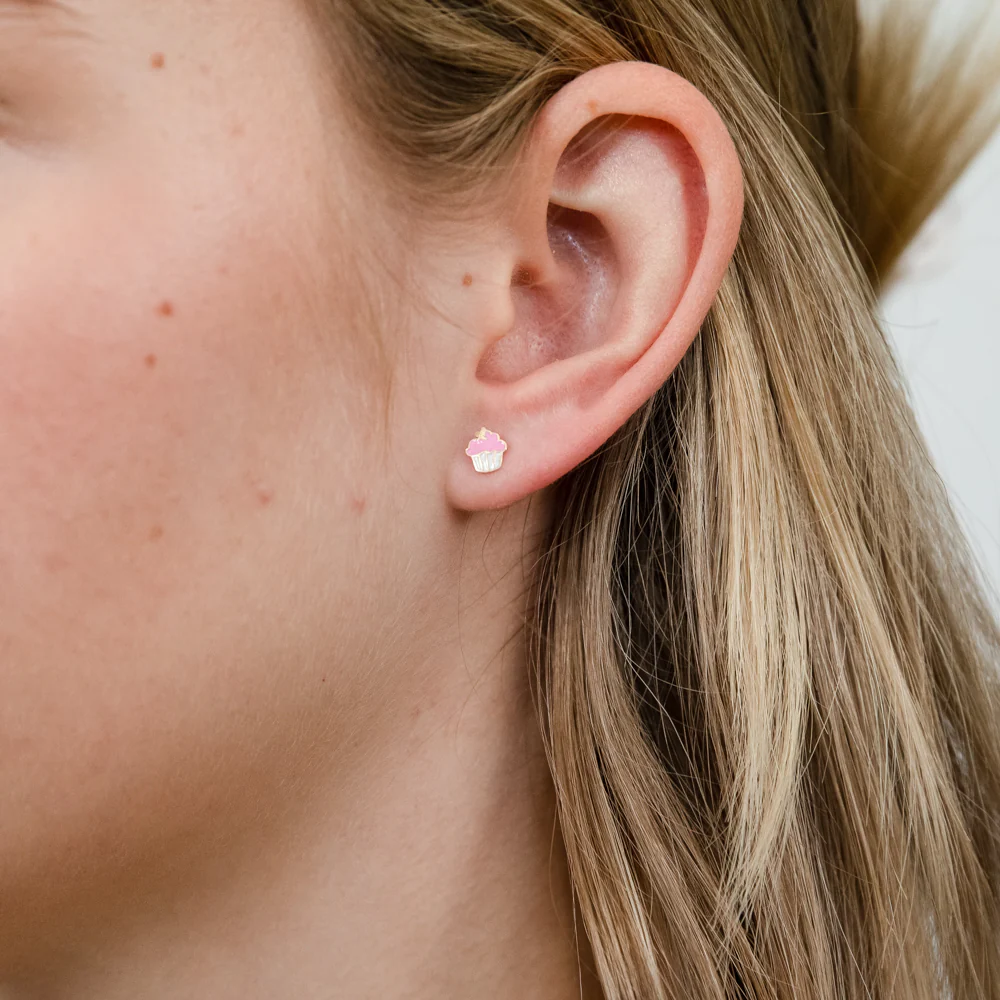 9ct Yellow Gold Pink Muffin Stud Earrings - Image 2
