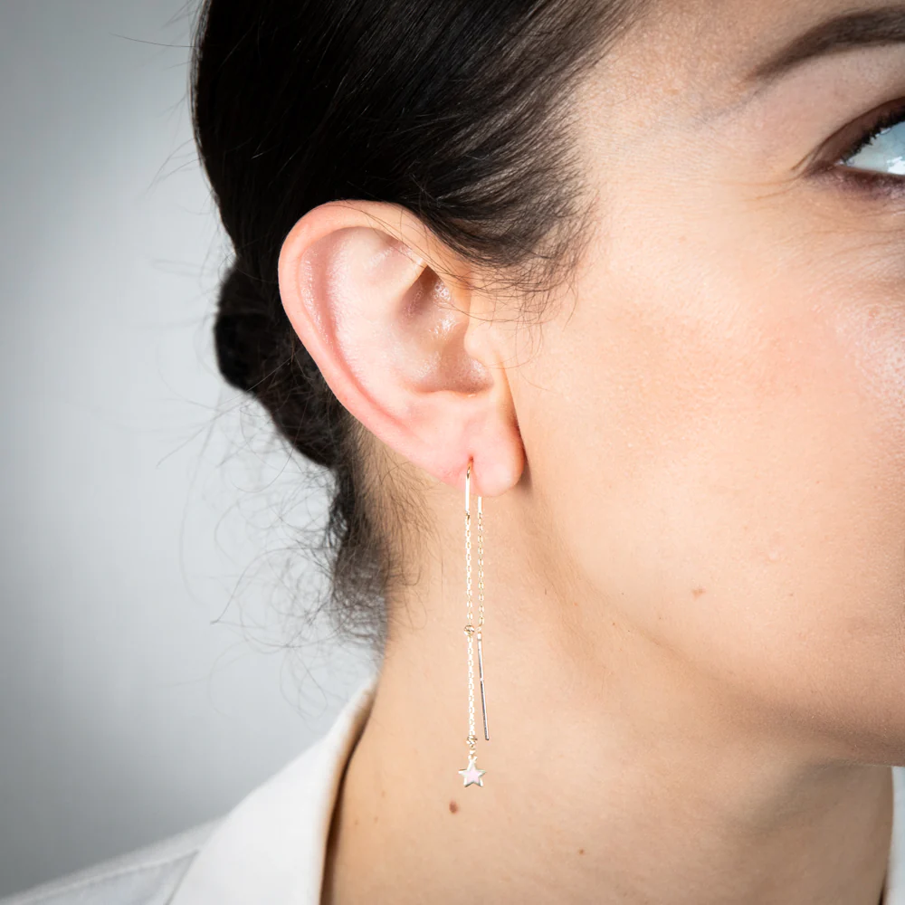 9ct Yellow Gold Pink Star Threader Earrings - Image 2