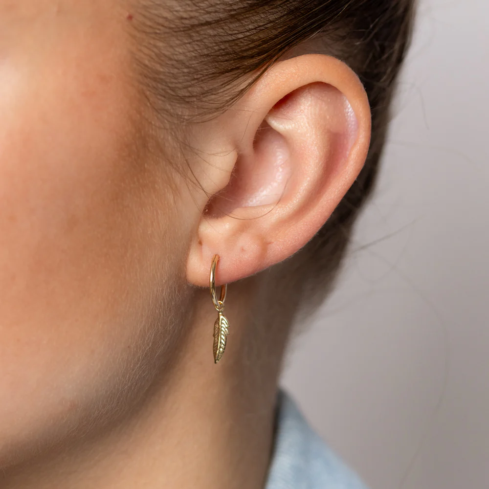 9ct Yellow Gold Polished Feather On 1.2 X12mm Hoop Earrings - Image 2