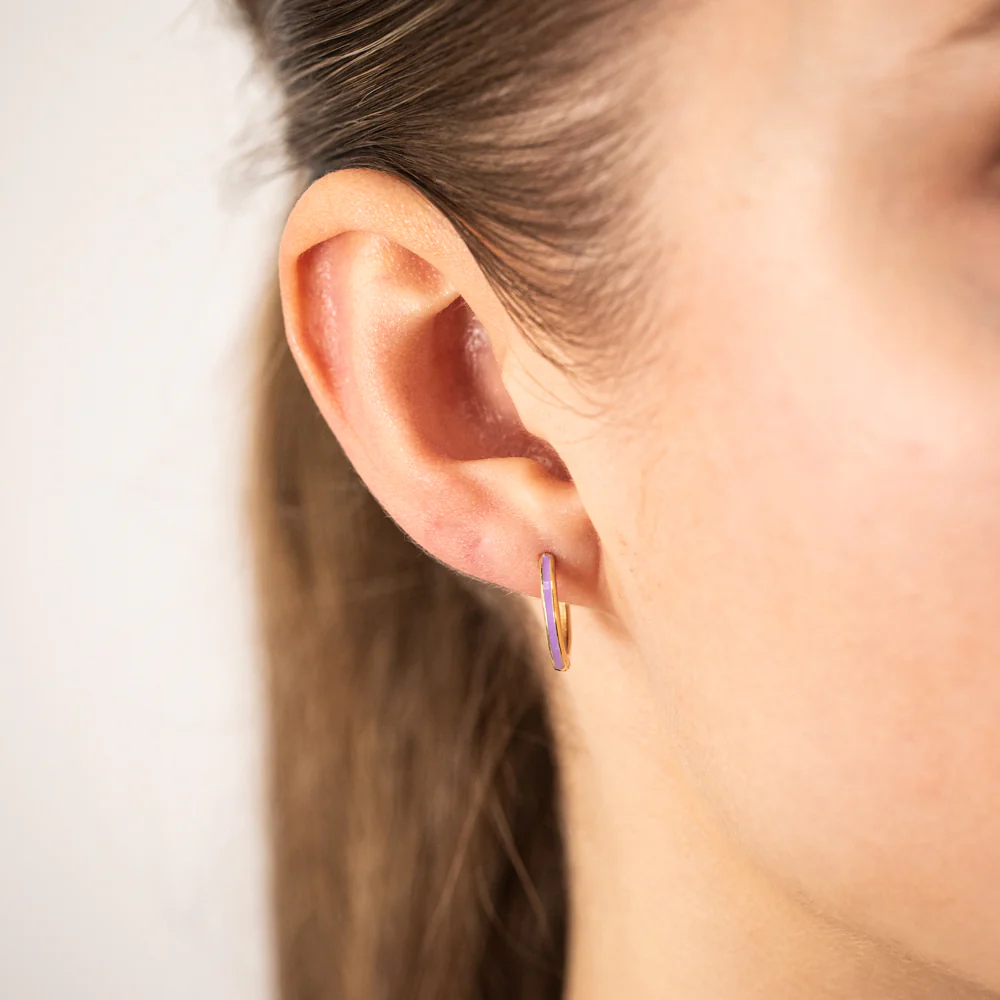 9ct Yellow Gold Purple Enamel Sleeper Hoop Earrings - Image 2