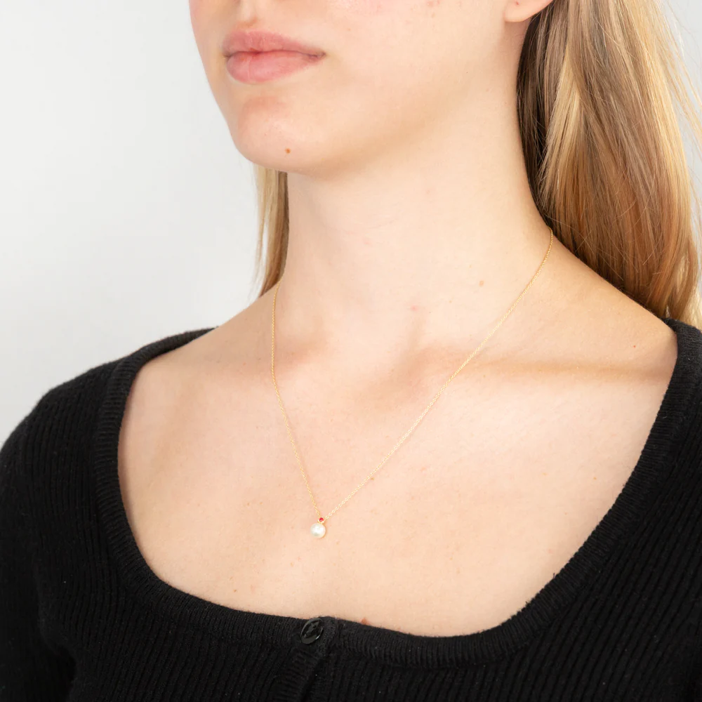 9ct Yellow Gold Red Cubic Zirconia And Pearl Pendant On Chain - Image 2