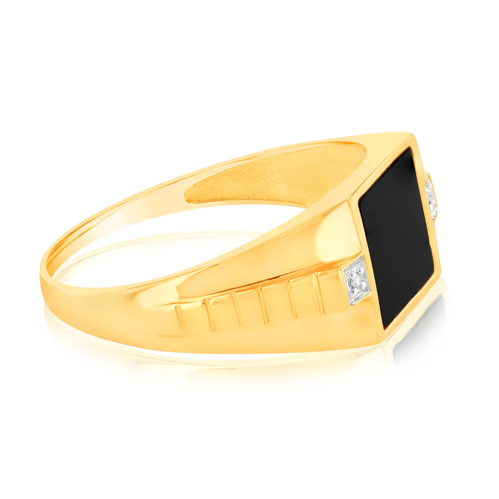 9ct yellow Gold Ring in 1Black Agate & 2Diamonds - Image 2