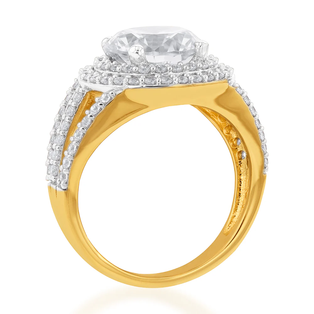 9ct Yellow Gold Round Double Halo Zirconia Split Band Ring - Image 2